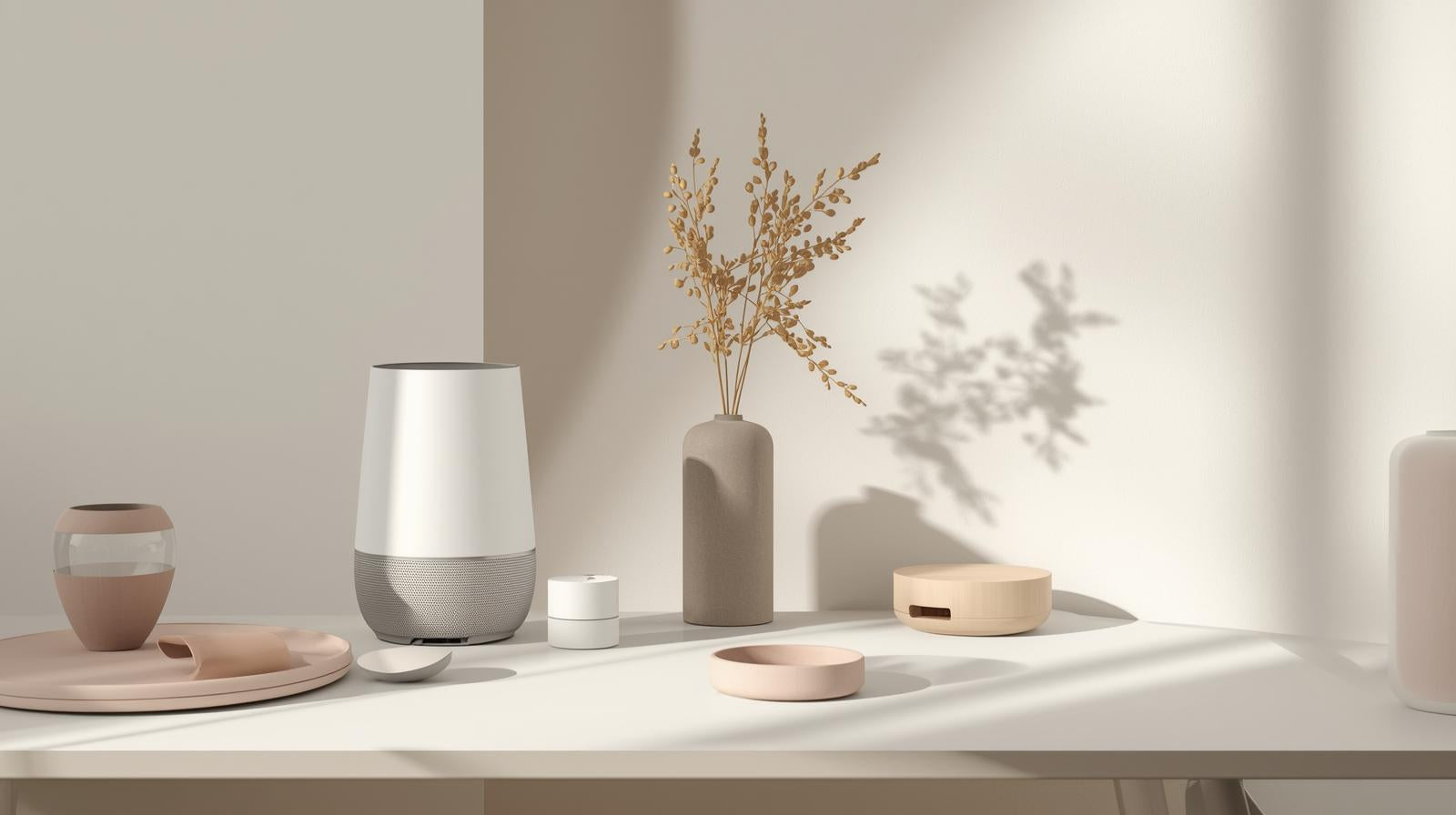 Skapa en modern och stilren hero-bild för en e-handelssida som säljer smarta gadgets och lifestyle-produkter. Bilden ska visa ett elegant skrivbord eller vardagsrum med produkter som en snygg luftfuktare (humidifi.jpg__PID:96ec7f12-d66e-4787-a2e6-a6d6a2f6e1df